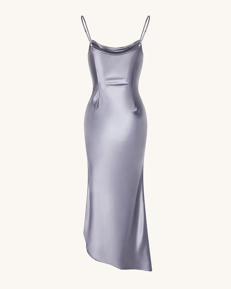 Liquid Satin Abendkleid mit Wasserfallausschnitt und Schlitz - Silber