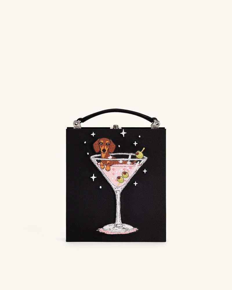 Taya Clutch-Tasche in Buchform mit Weinglas-Welpenmuster - Schwarz