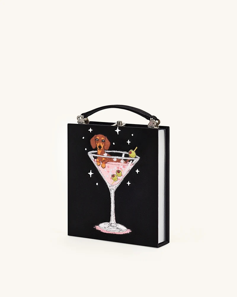 Taya Clutch-Tasche in Buchform mit Weinglas-Welpenmuster - Schwarz