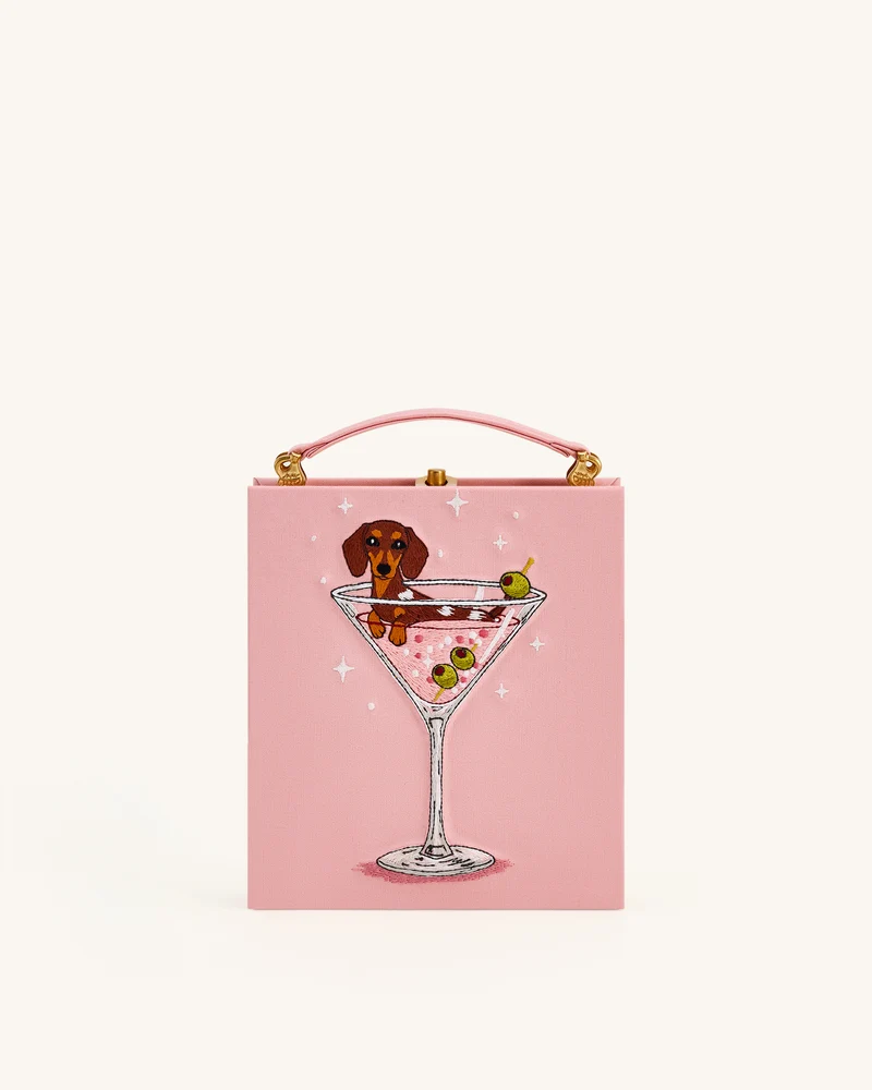 Taya Clutch-Tasche in Buchform mit Weinglas-Welpenmuster - Rosa