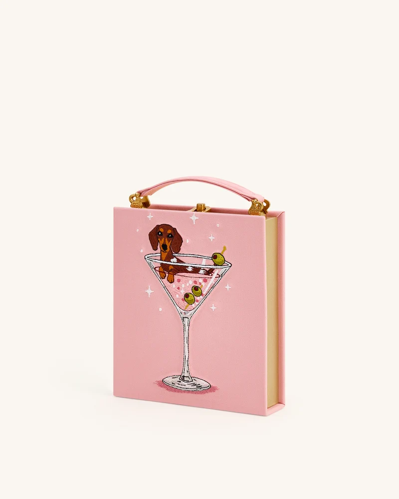 Taya Clutch-Tasche in Buchform mit Weinglas-Welpenmuster - Rosa