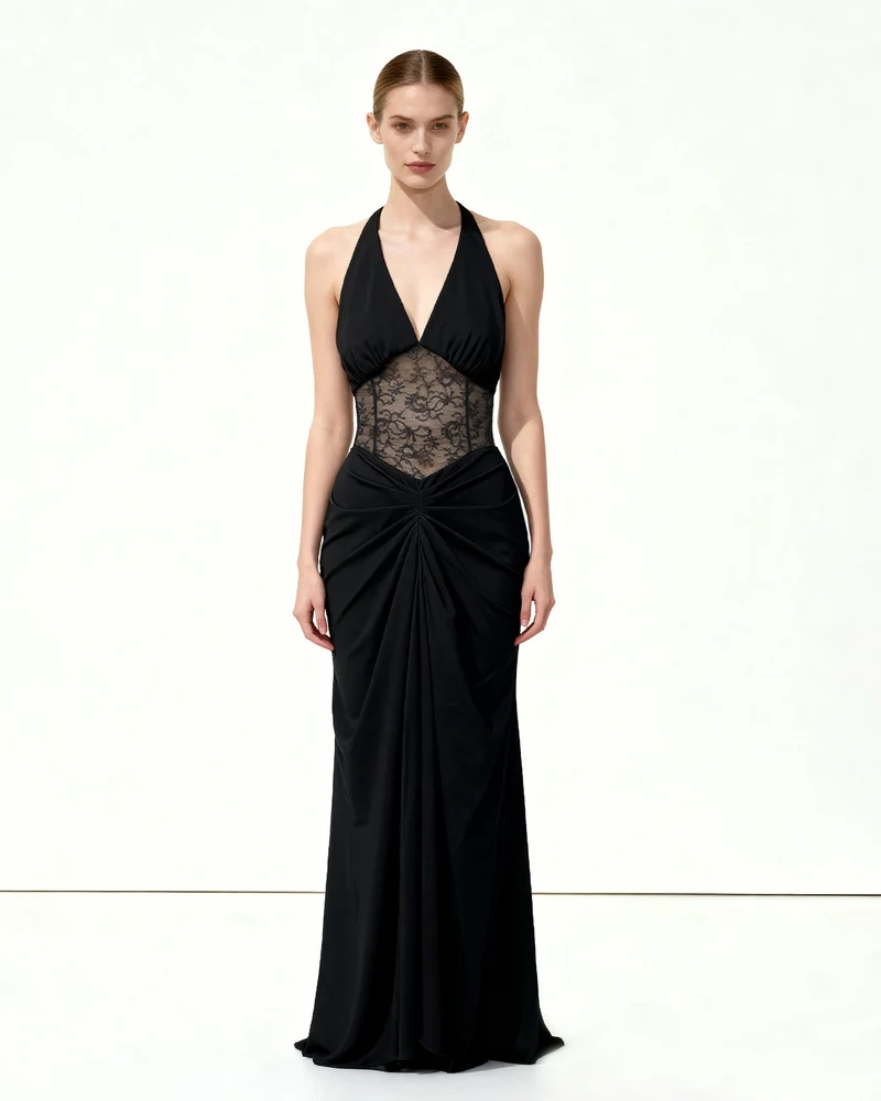 Gerafftes Maxikleid mit Spitzeneinsatz - Schwarz