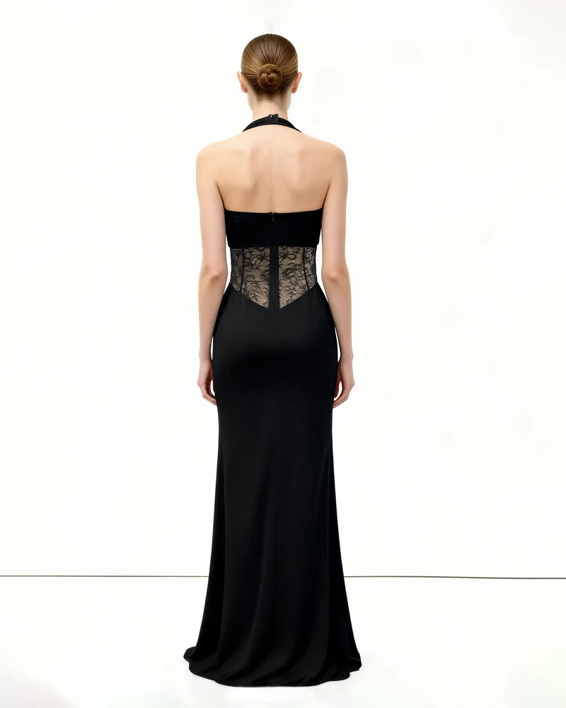 Gerafftes Maxikleid mit Spitzeneinsatz - Schwarz