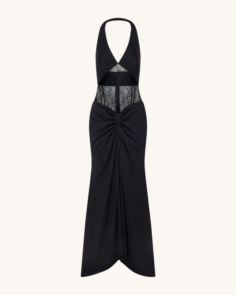 Gerafftes Maxikleid mit Spitzeneinsatz - Schwarz