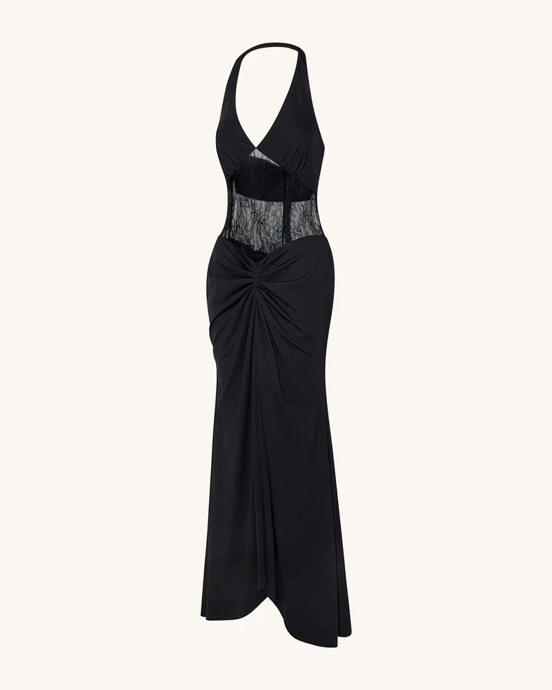 Gerafftes Maxikleid mit Spitzeneinsatz - Schwarz