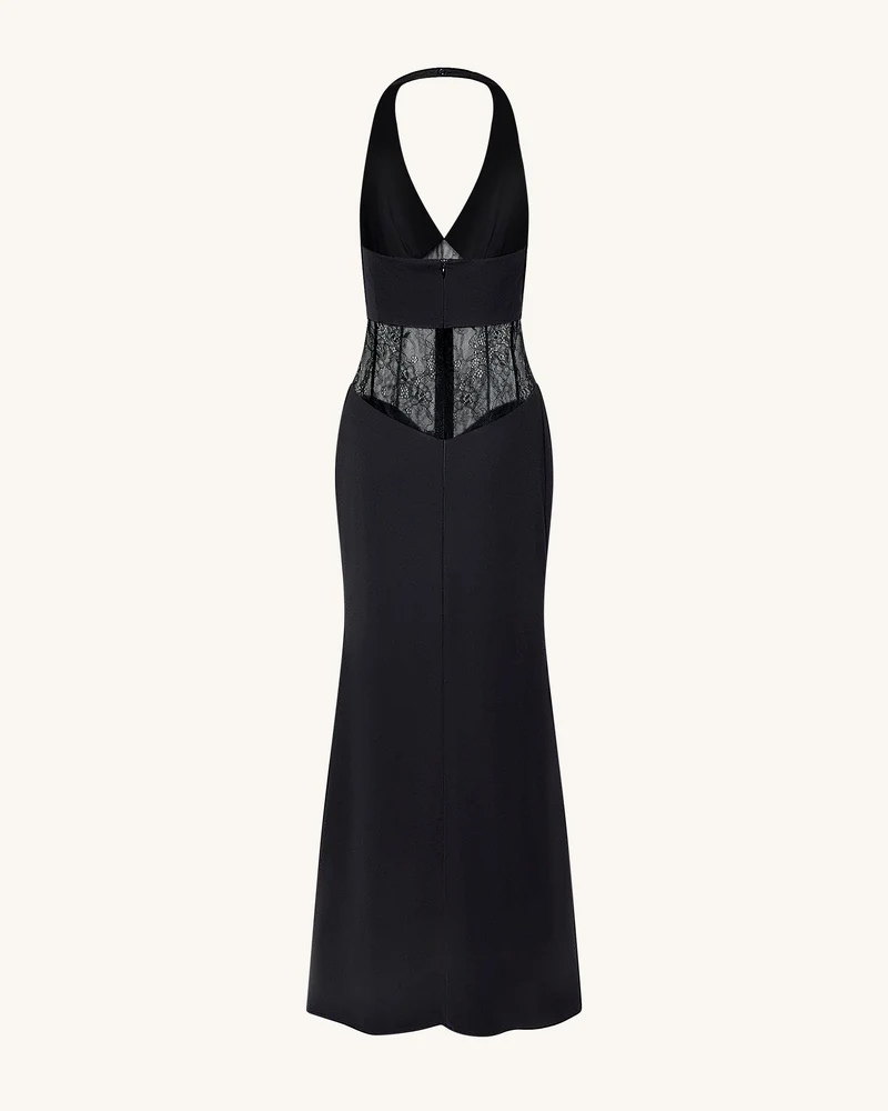 Gerafftes Maxikleid mit Spitzeneinsatz - Schwarz