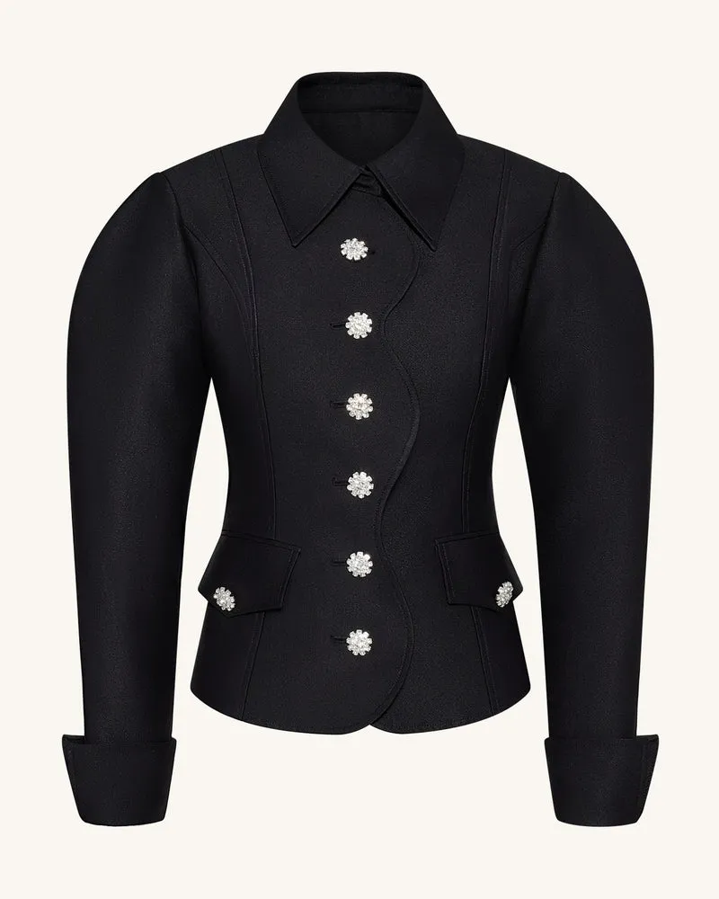 Keulenärmel-Blazer mit wellenförmiger Knopfleiste - Schwarz