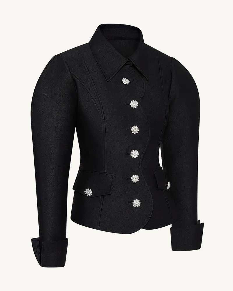 Keulenärmel-Blazer mit wellenförmiger Knopfleiste - Schwarz
