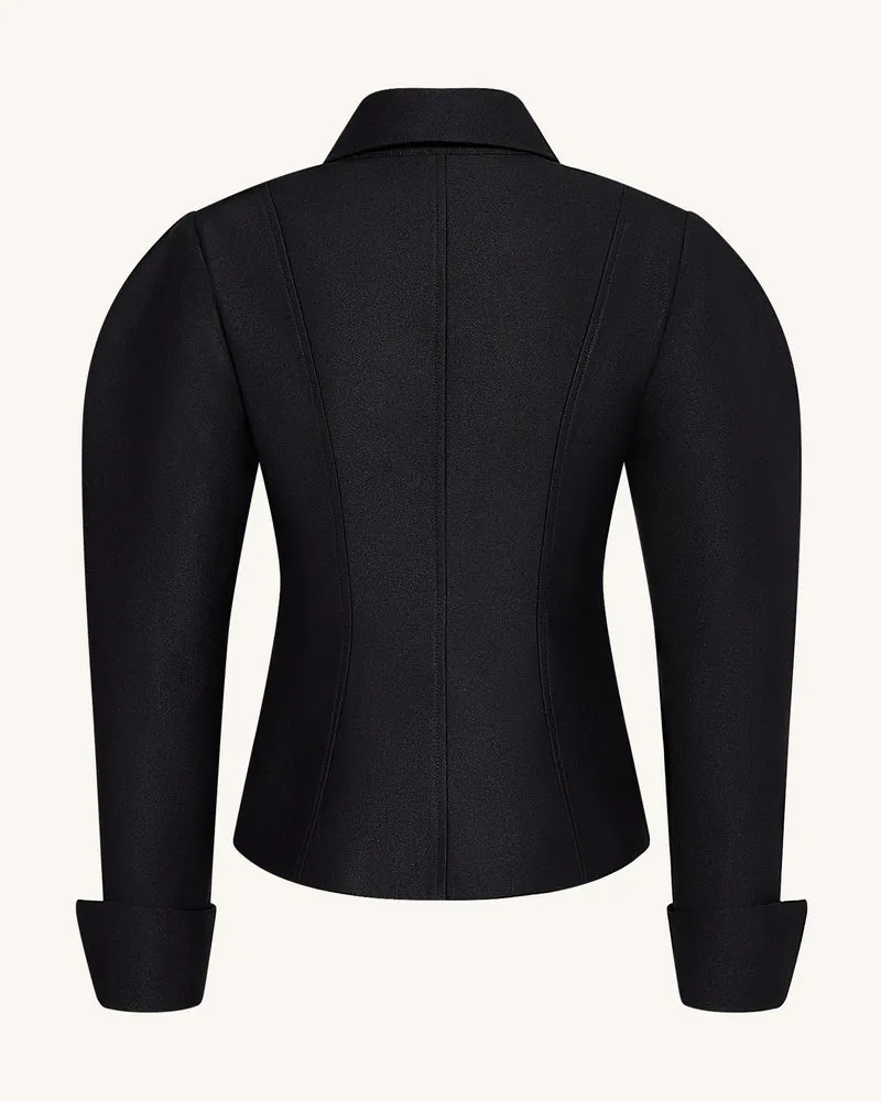 Keulenärmel-Blazer mit wellenförmiger Knopfleiste - Schwarz