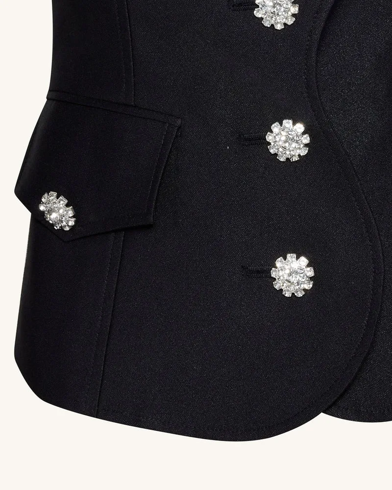 Keulenärmel-Blazer mit wellenförmiger Knopfleiste - Schwarz