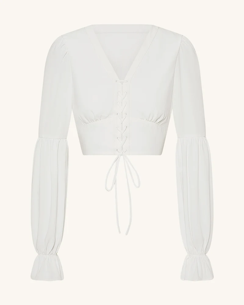 Kurze Chiffonbluse mit Laternenärmeln und Bindedetail vorne - Weiß