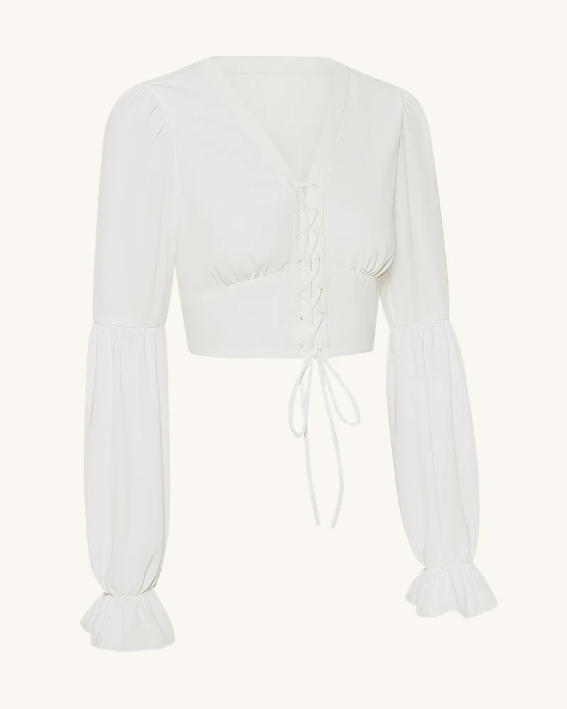 Kurze Chiffonbluse mit Laternenärmeln und Bindedetail vorne - Weiß