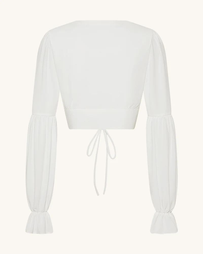 Kurze Chiffonbluse mit Laternenärmeln und Bindedetail vorne - Weiß