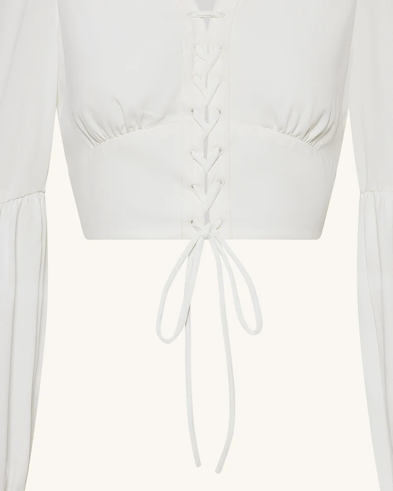 Kurze Chiffonbluse mit Laternenärmeln und Bindedetail vorne - Weiß