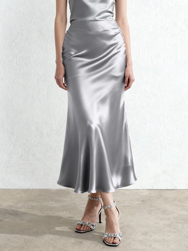 Fließender Satin Meerjungfrau-Maxi-Rock – Silber