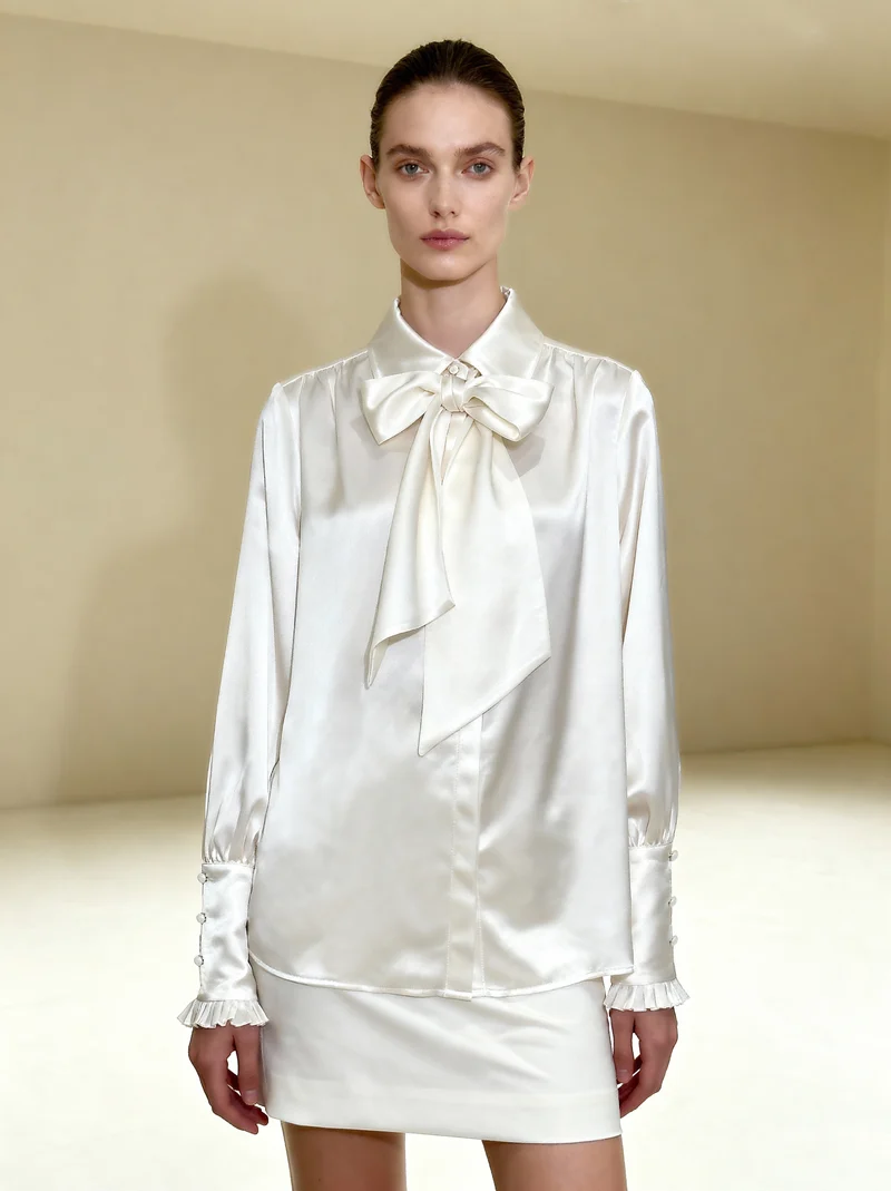 Bluse mit Bindeband und Ballonärmeln – Weiß