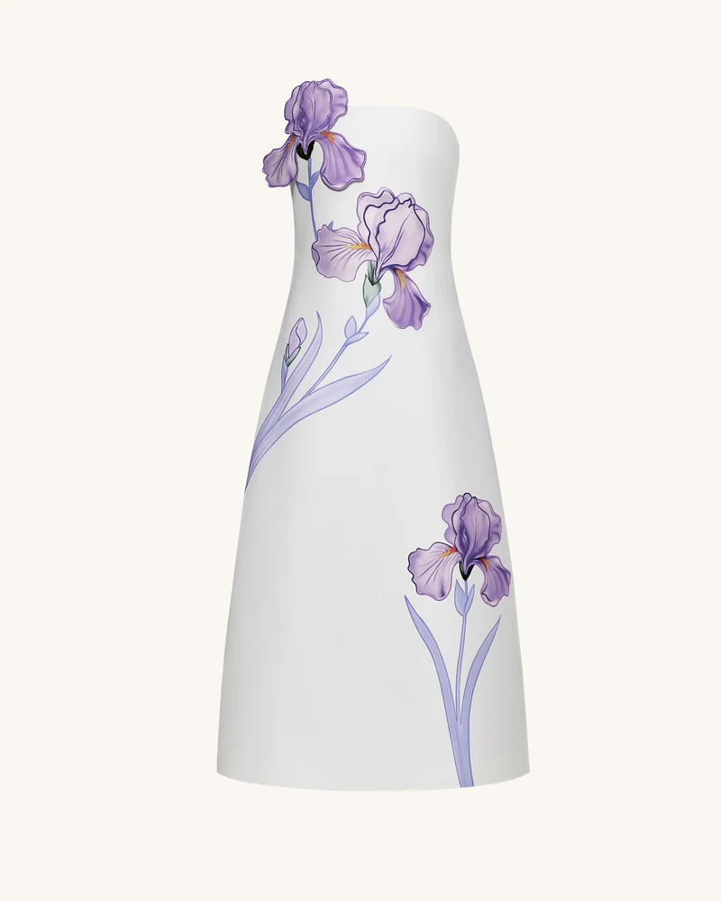 Iris Trägerloses A-Linien Maxi-Kleid mit Blumendruck – Weiß