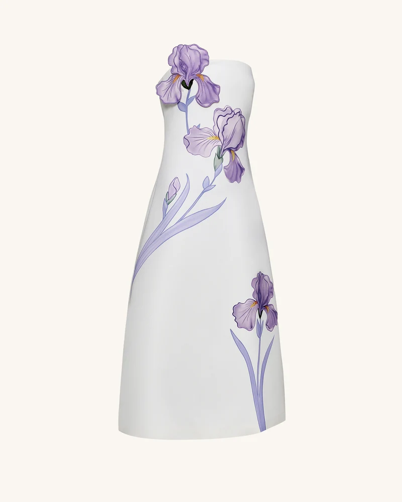 Iris Trägerloses A-Linien Maxi-Kleid mit Blumendruck – Weiß