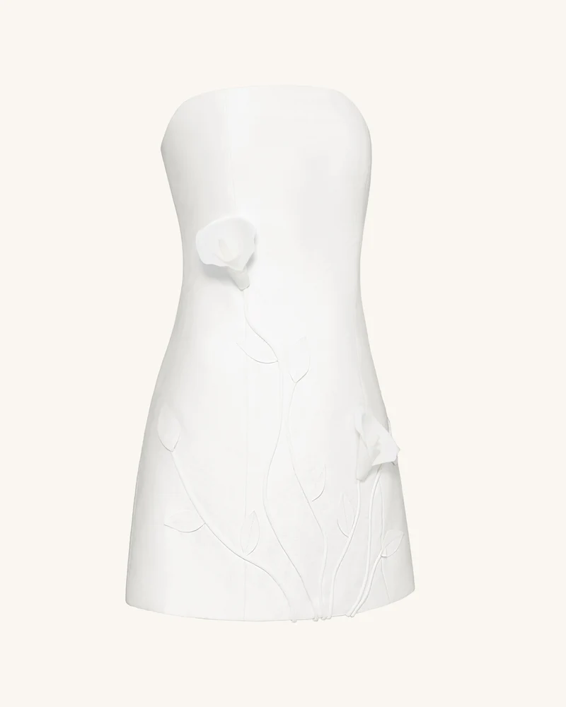 Trägerloses Mini-Kleid mit 3D-Rankenblumen – Weiß
