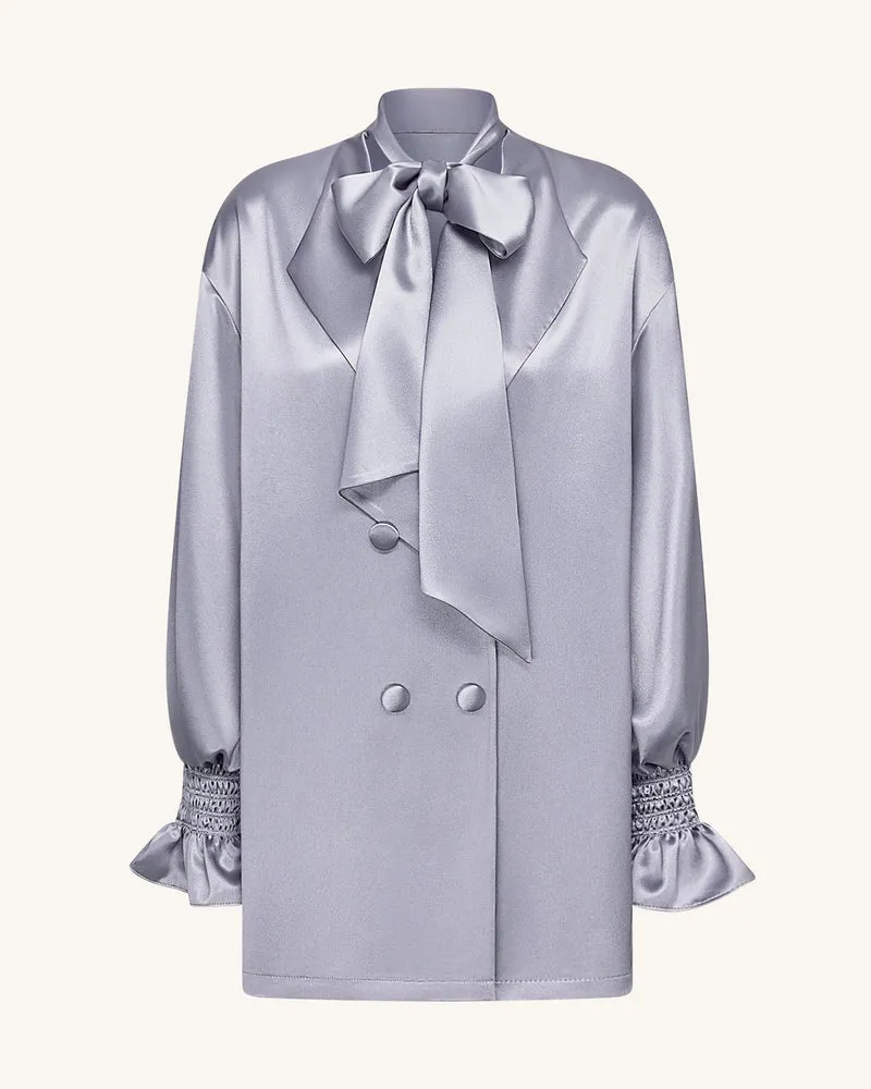 Langer Blazer mit Bindeband und Ballonärmeln – Silber