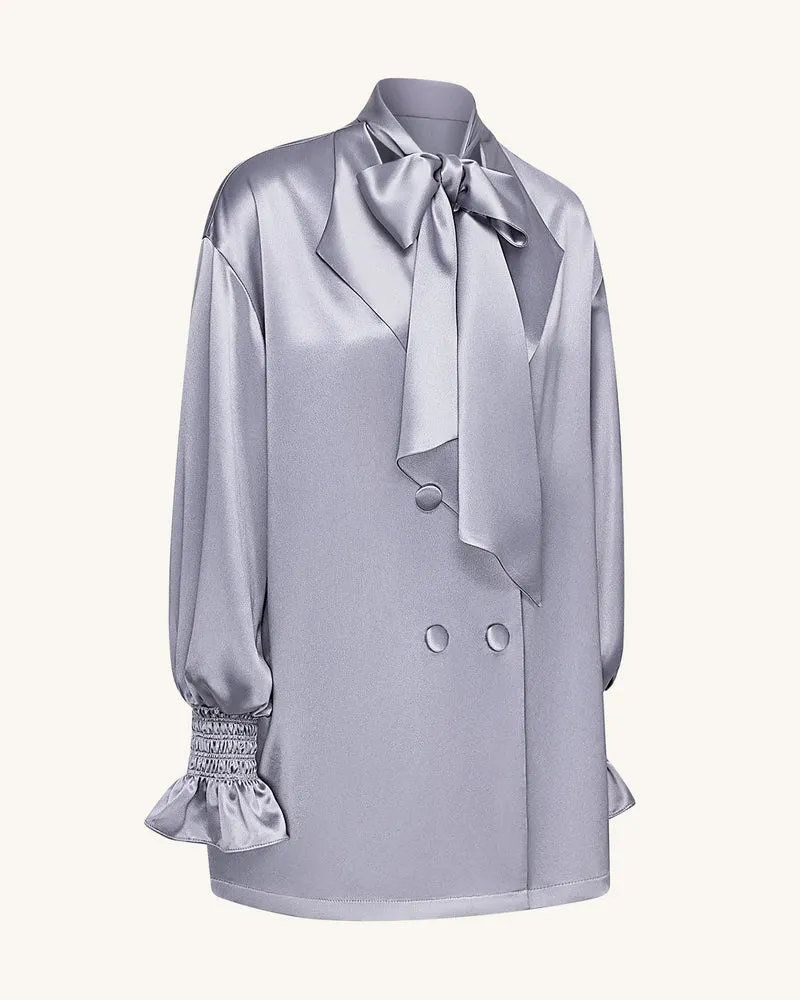 Langer Blazer mit Bindeband und Ballonärmeln – Silber