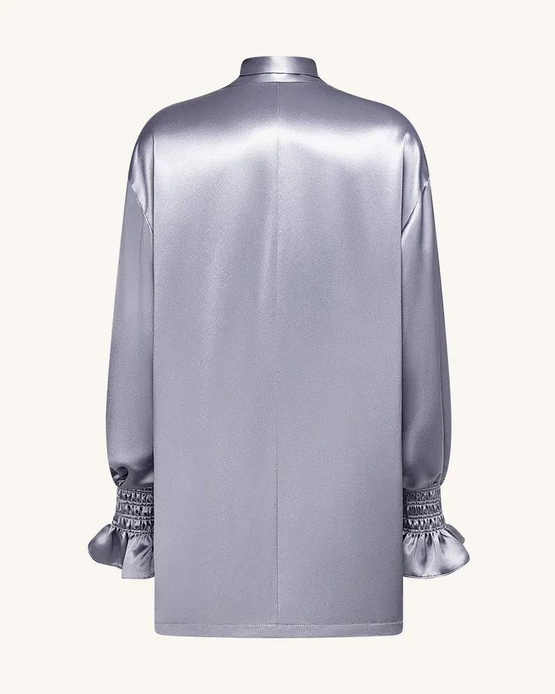 Langer Blazer mit Bindeband und Ballonärmeln – Silber