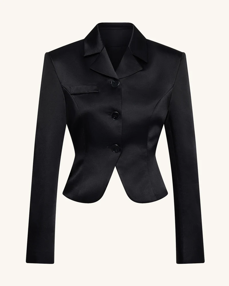 Satin Taillierter Kurzer Blazer - Schwarz