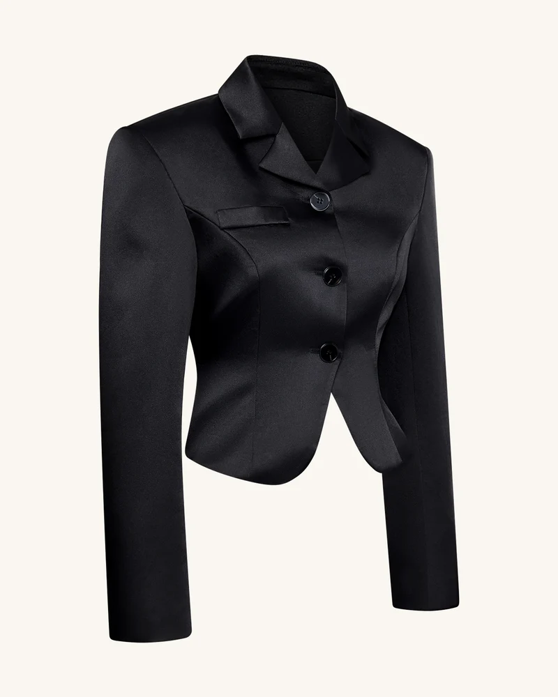 Satin Taillierter Kurzer Blazer - Schwarz