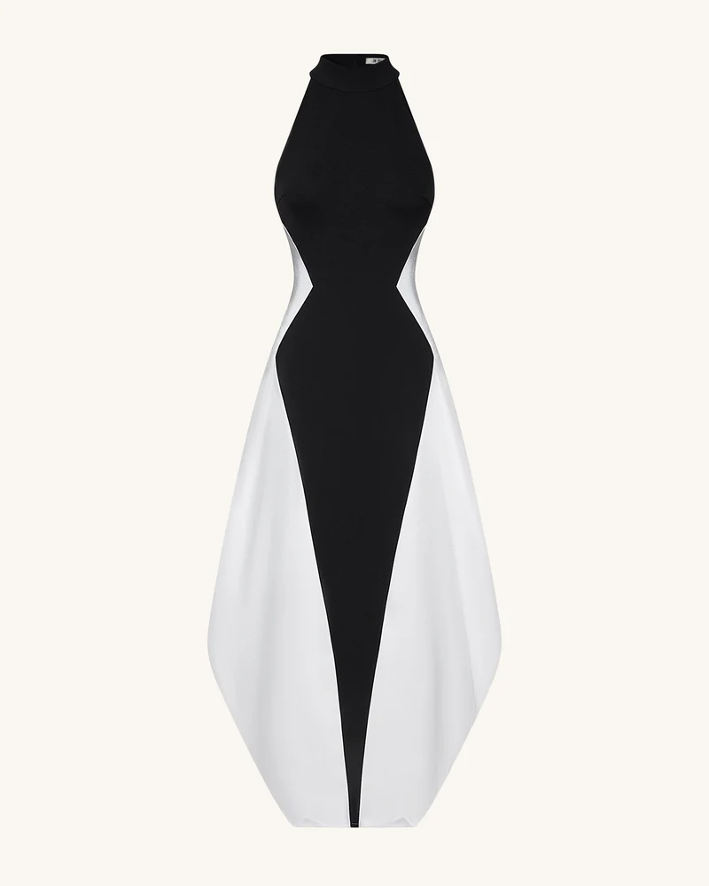 Monochrom Geteiltes Maxi-Kleid – Schwarz