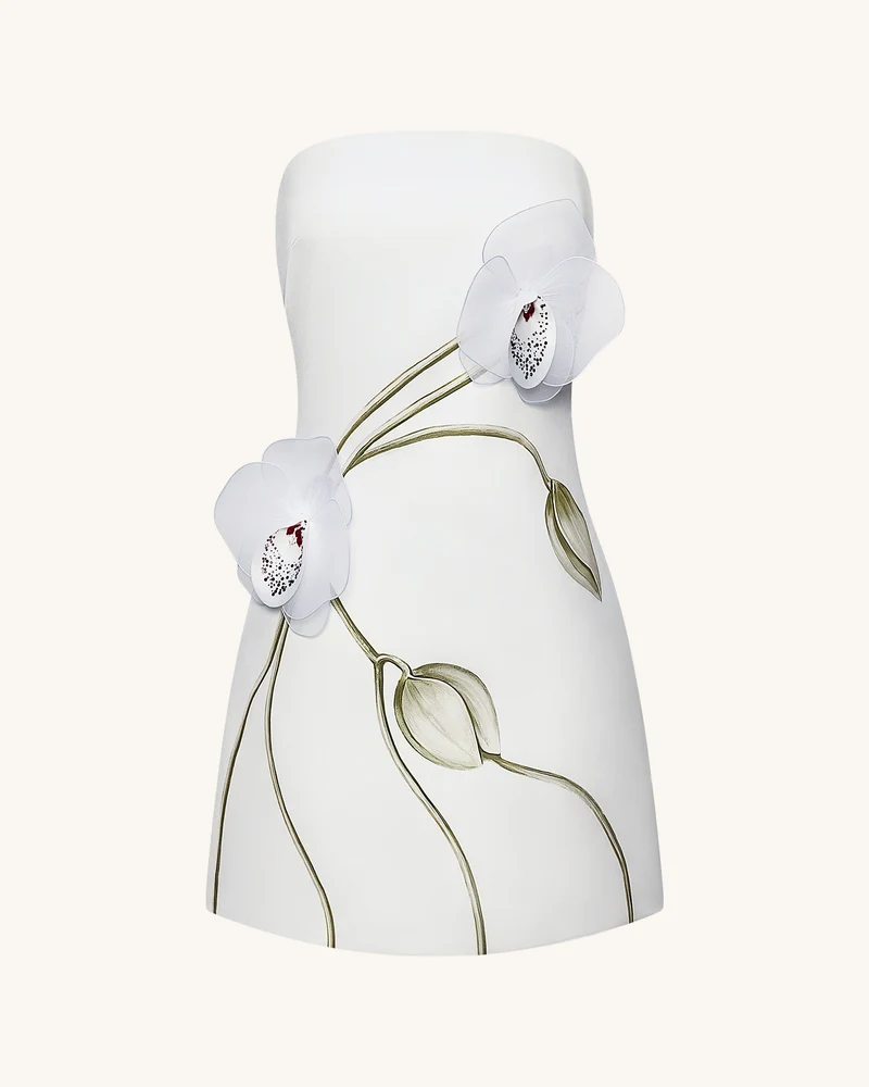Trägerloses Kleid mit Orchideen-Applikation - Weiß