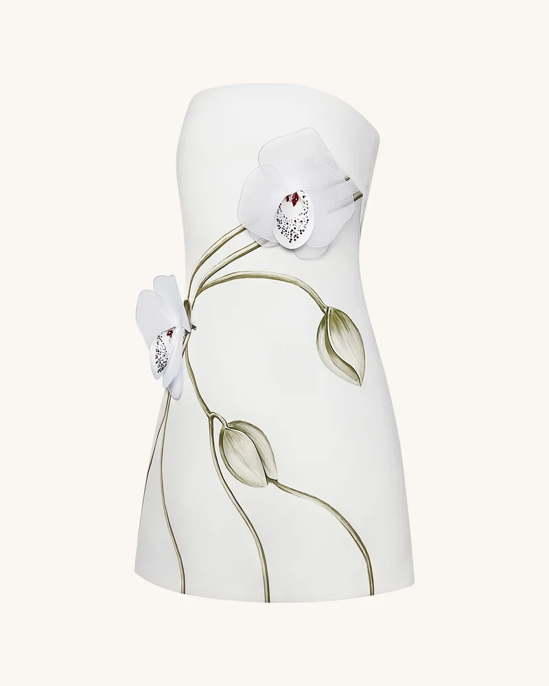 Trägerloses Kleid mit Orchideen-Applikation - Weiß