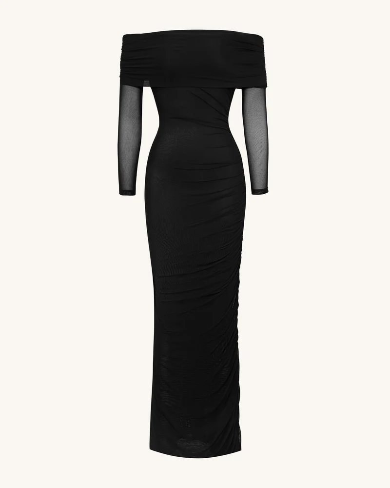 Gerafftes Carmen-Meerjungfrauen-Maxikleid mit Netzärmeln - Schwarz