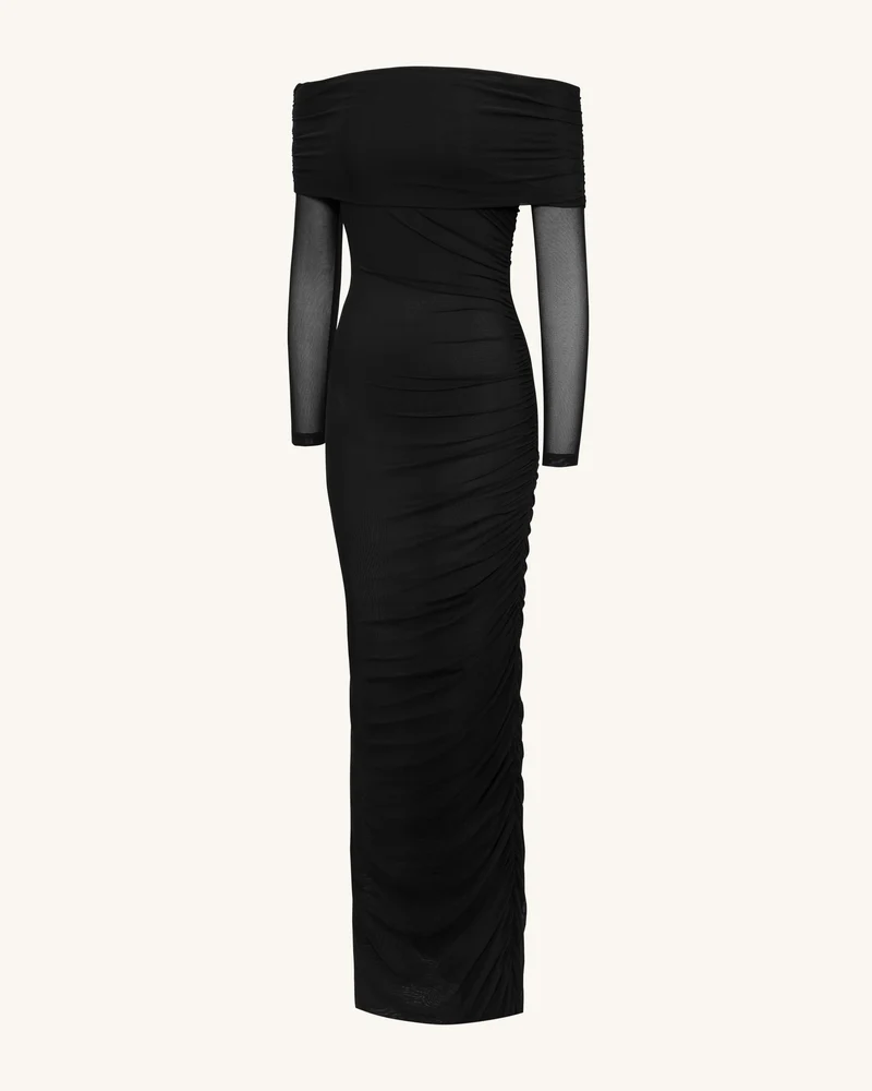Gerafftes Carmen-Meerjungfrauen-Maxikleid mit Netzärmeln - Schwarz