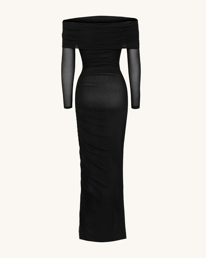 Gerafftes Carmen-Meerjungfrauen-Maxikleid mit Netzärmeln - Schwarz