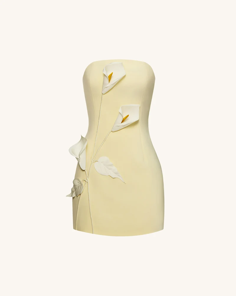 Trägerloses Kleid mit Blumenapplikation - Gelb