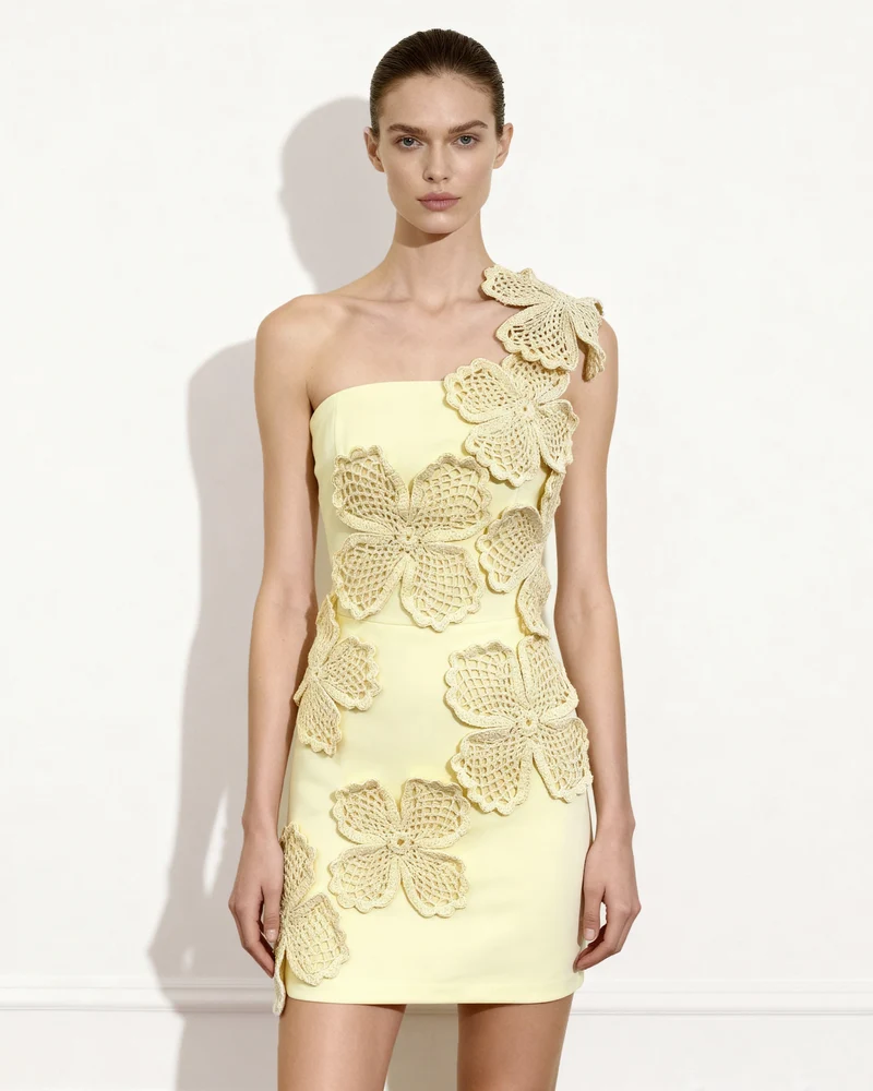 Häkel-Minikleid mit Blumenapplikation - Gelb