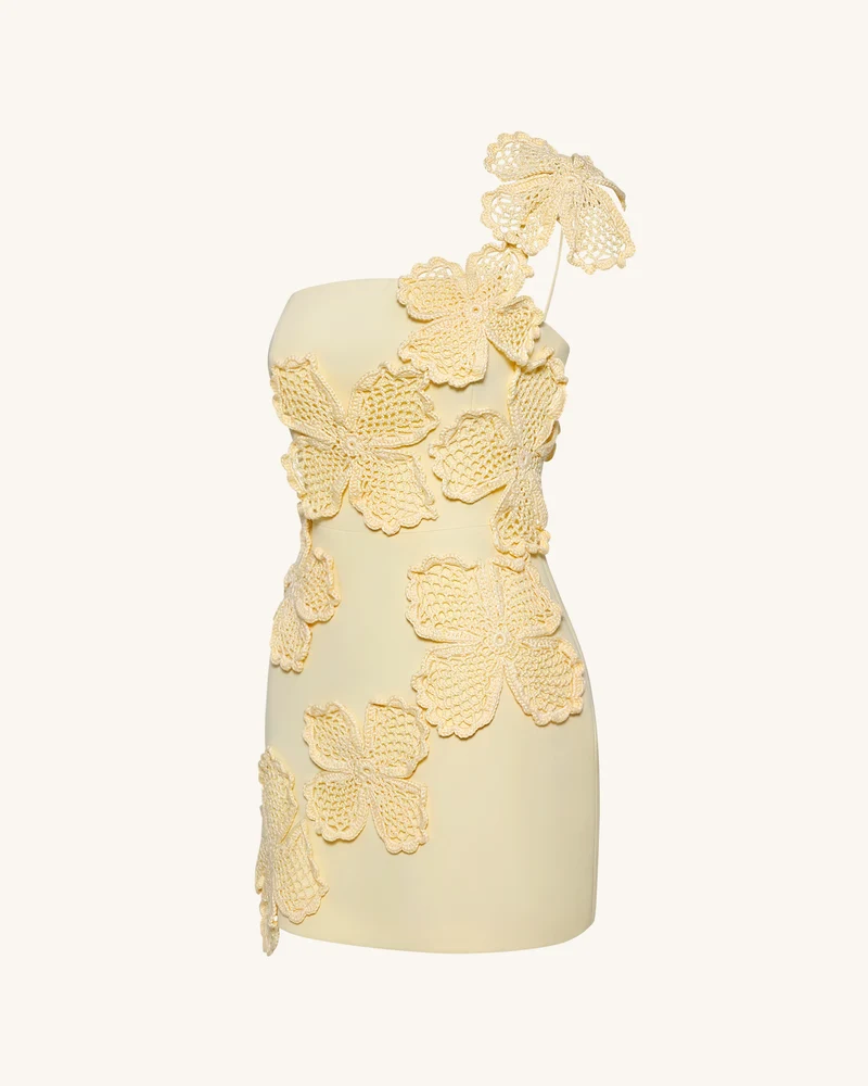 Häkel-Minikleid mit Blumenapplikation - Gelb