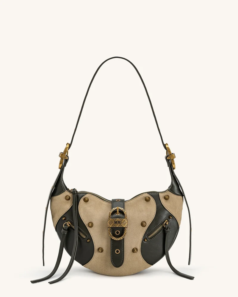 Tessa Schultertasche aus Kunstwildleder mit Nieten – Khaki Grün