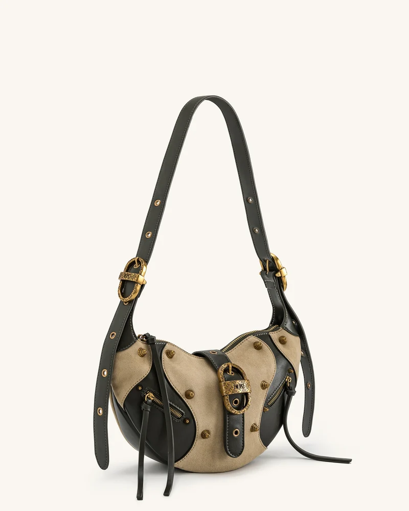Tessa Schultertasche aus Kunstwildleder mit Nieten – Khaki Grün