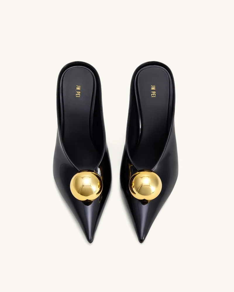 Sofia Mules mit abgewinkeltem Schaft und Kugelabsatz - Schwarz & Gold
