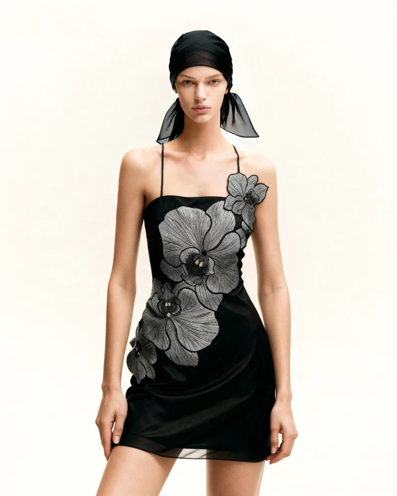 Orchideen Applikations Minikleid - Schwarz/Silber