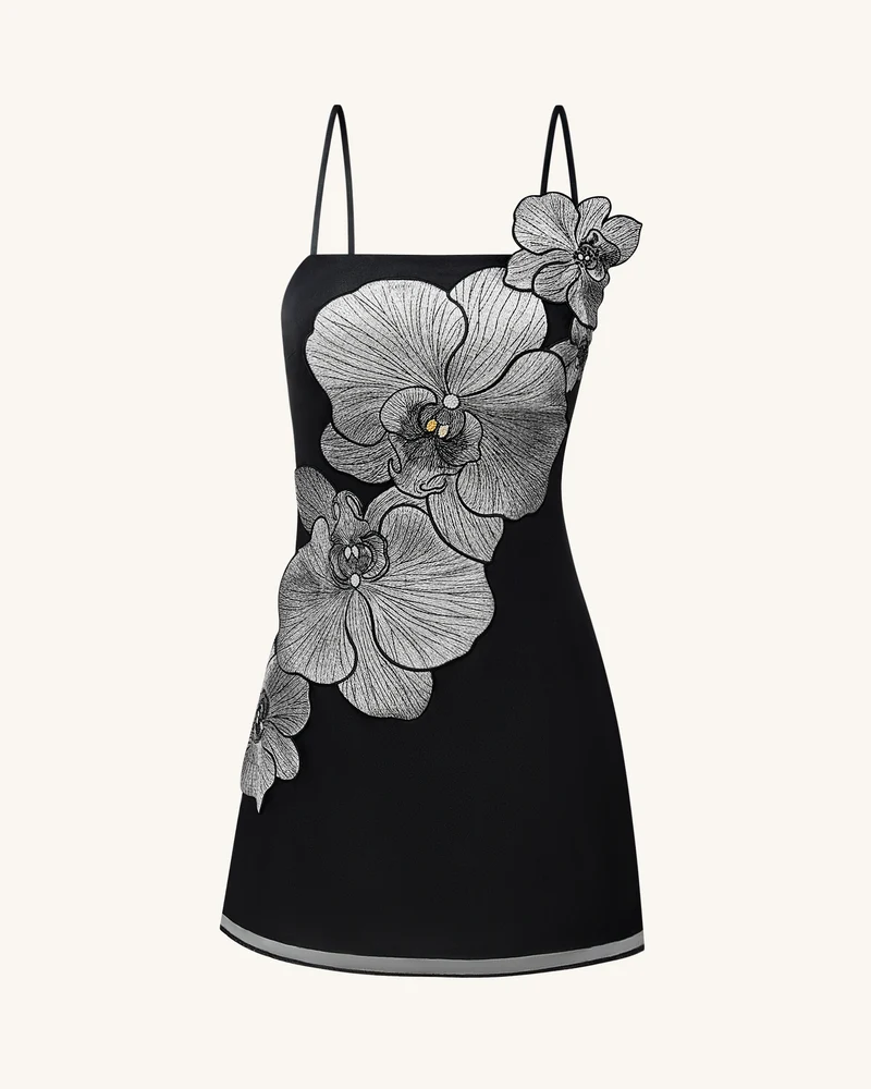 Orchideen Applikations Minikleid - Schwarz/Silber