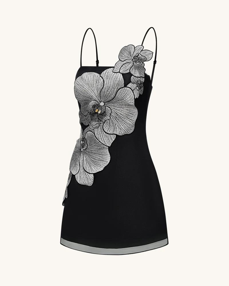 Orchideen Applikations Minikleid - Schwarz/Silber