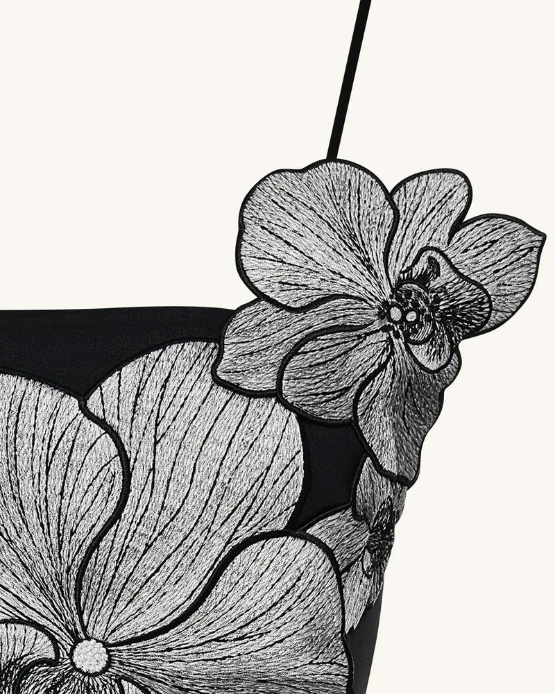 Orchideen Applikations Minikleid - Schwarz/Silber
