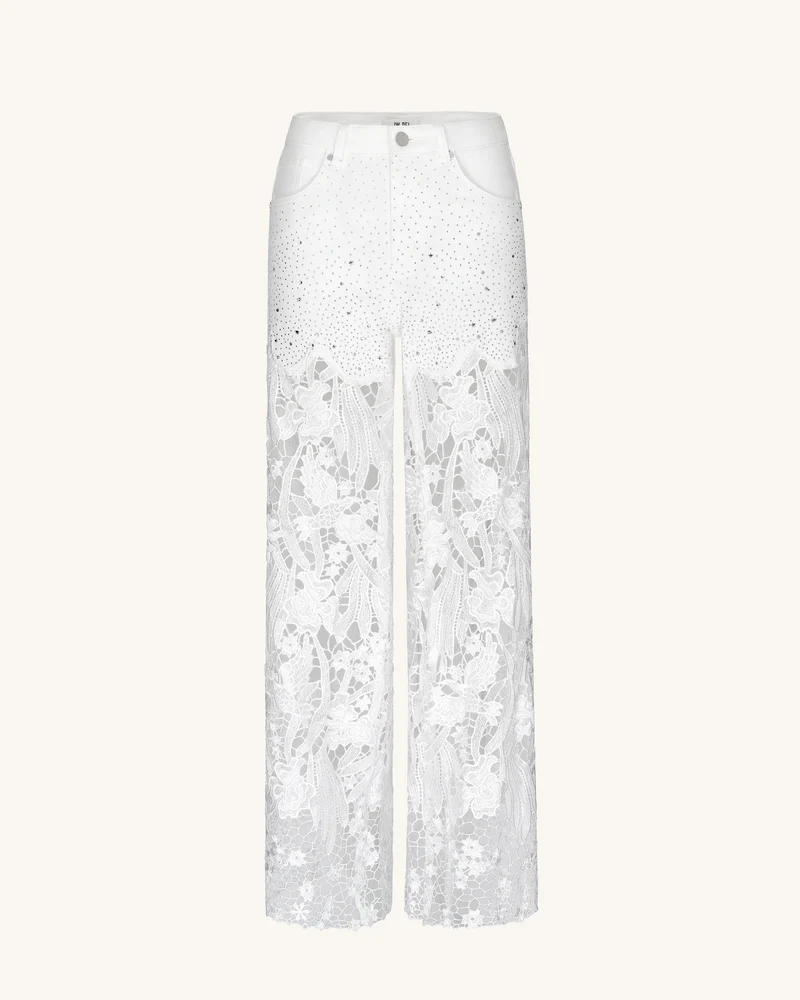 Bestickte High-Rise-Jeans mit weitem Bein aus Spitzen-Denim und Strass – Weiß