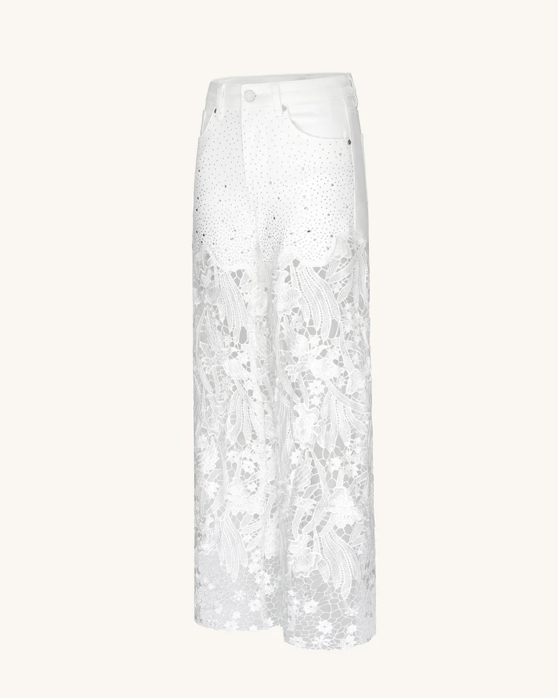 Bestickte High-Rise-Jeans mit weitem Bein aus Spitzen-Denim und Strass – Weiß