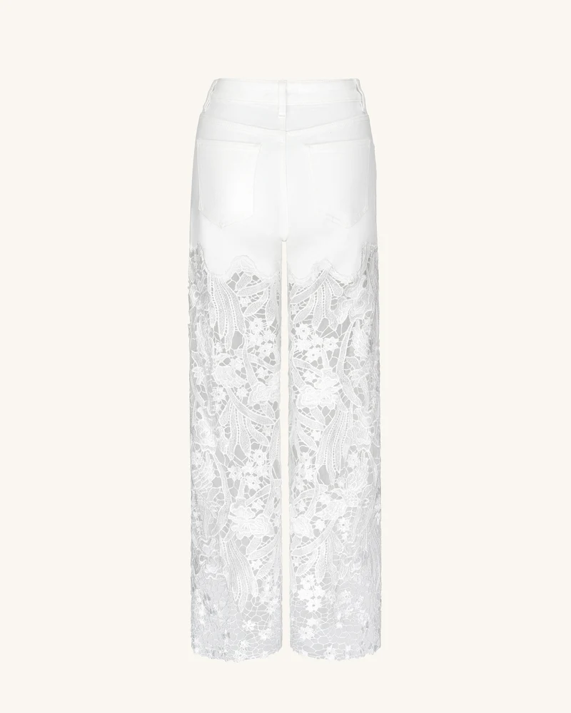 Bestickte High-Rise-Jeans mit weitem Bein aus Spitzen-Denim und Strass – Weiß