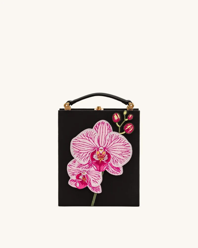 Taya Clutch in Buchform mit Orchideenmotiv – Schwarz
