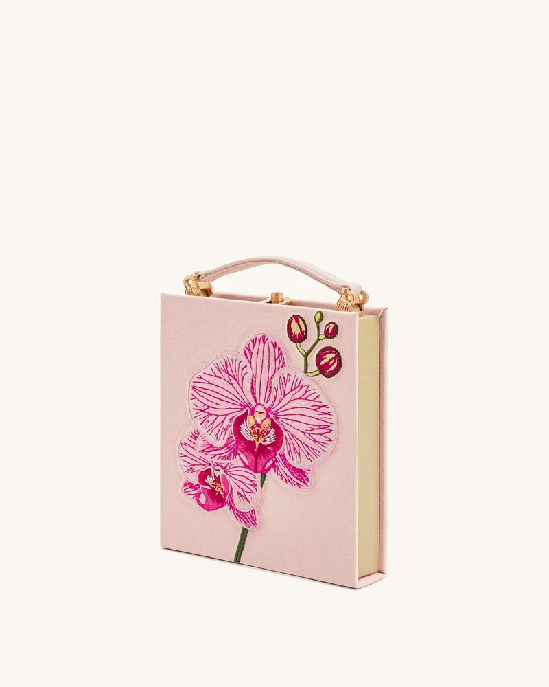 Taya Buchförmige Clutch mit Orchideenmotiv – Rosa