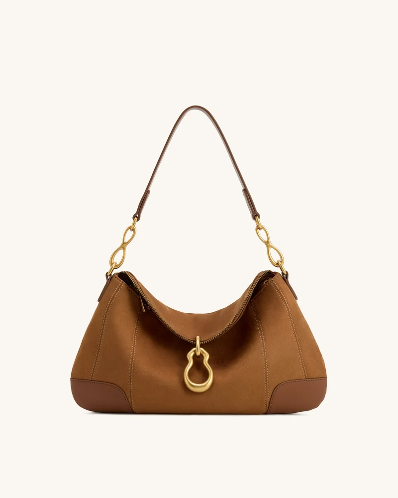 Jayla Schultertasche aus Kunstwildleder mit Metallanhänger – Braun